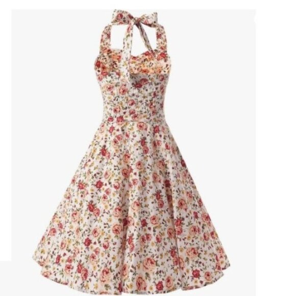 Women's Dress Retro Vintage Swing 1950's Short Sleeve Halter white floral - Picture 2 of 6